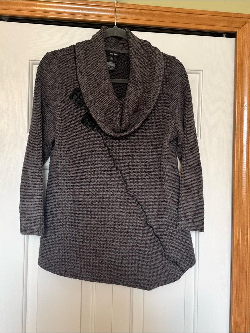 Ali Miles Long Sleeve Artsy Asymmetrical Cowl Neck Waffle Knit Tunic Top